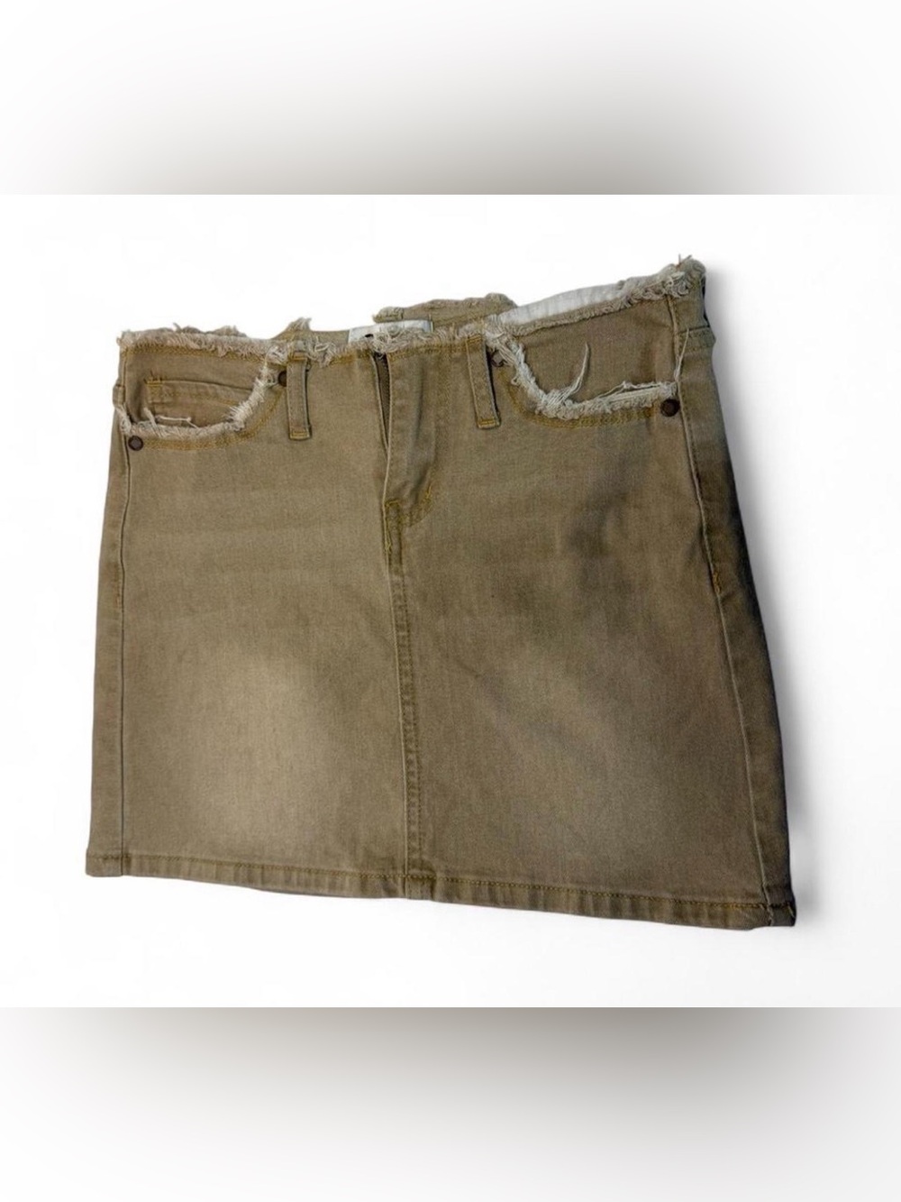 Tan Frayed-Hem Denim Mini Skirt